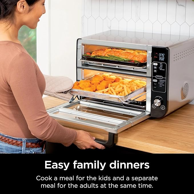 Ninja DCT400 10-in-1 Double Oven with FlexDoor FlavorSeal &amp Smart Finish Rapid Top Convection and Air Fry Bottom Bake Broil Air Roast Toast Air Fry Pizza and More Stainless Steel (Renewed