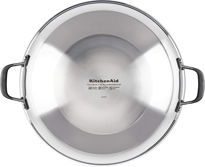 KitchenAid 5-Ply Clad Polished Stainless Steel Wok Induction Compatible Dishwasher Safe 15 Inch Open Stir-Fry Pan