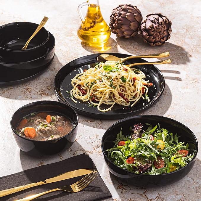 Gibson Home Oslo 12-Piece Porcelain Chip and Scratch Resistant Dinnerware Set Service for 4 – Black Plates and Bowls Microwave &amp Dishwasher Safe