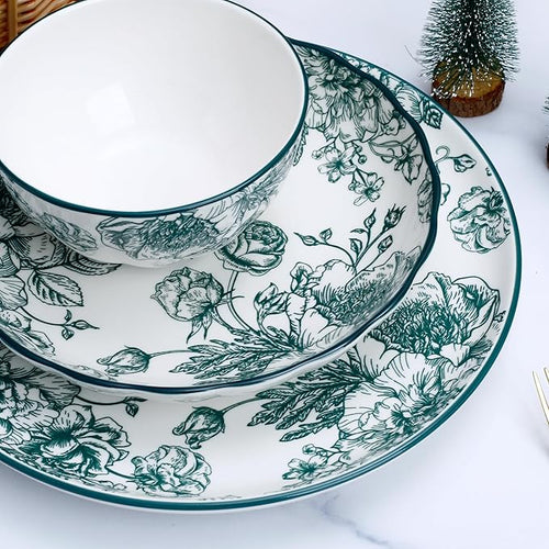 12-Piece Dinnerware Set for 4 Green Floral Porcelain Plates &amp Bowls Microwave and Dishwasher Safe