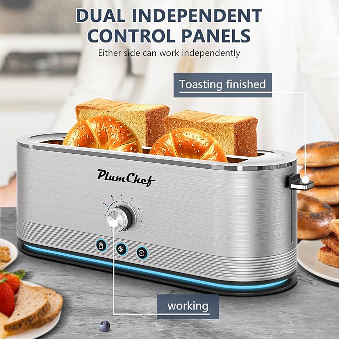 4 Slice Long Slot Stainless Steel Toaster 1350W with 7 Shade Settings Defrost Reheat Cancel Functions Removable Crumb Tray Anti-Fingerprint Modern Design (Silver)