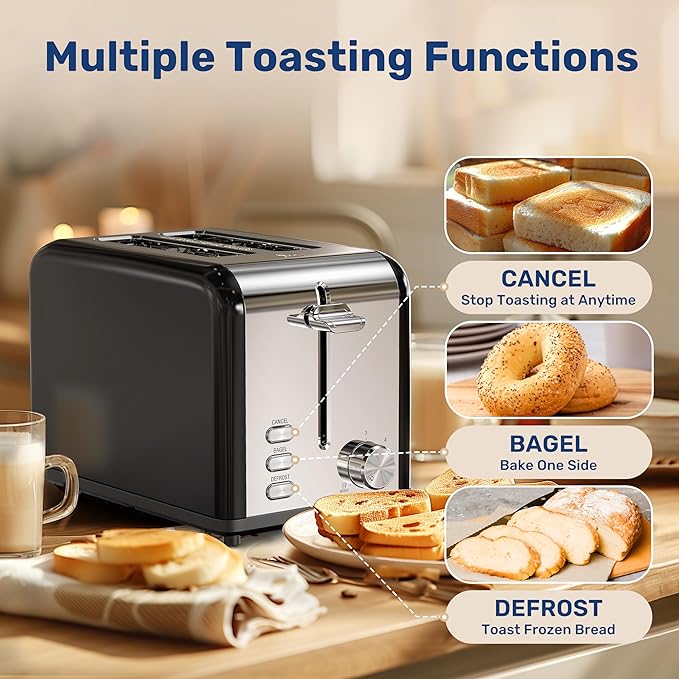 YSSOA 2-Slice Stainless Steel Toaster 6 Browning Setting and 3 Function Extra Wide Slot &amp Removable Crumb Tray for Bread &amp Waffle Black