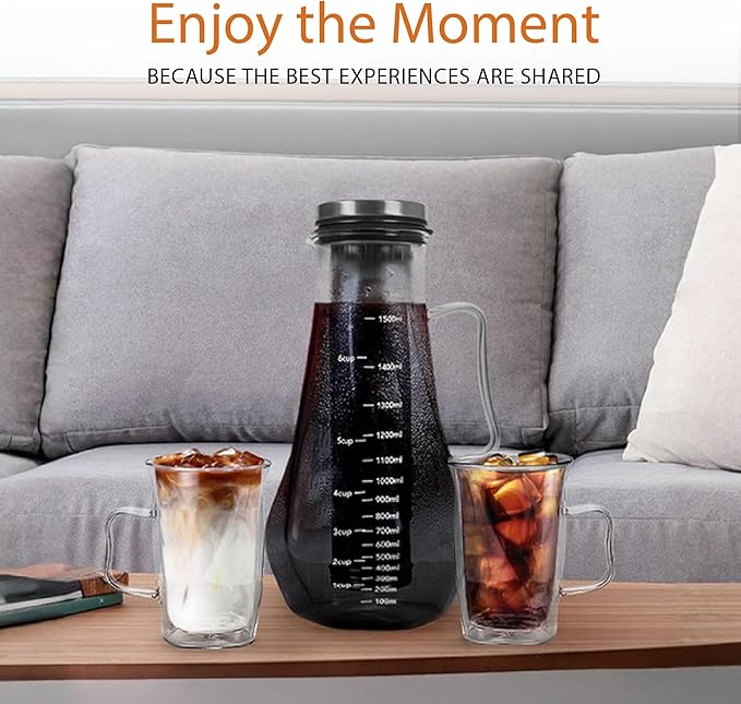 James Bentley Complete Cold Brew Coffee Set – Cold Brew Coffee Maker Glass for Hot and Cool Drinks Fridge Friendly — Glass Carafe Stainless Steel Infuser Double Wall Cups x2 &amp Cleaning Brush