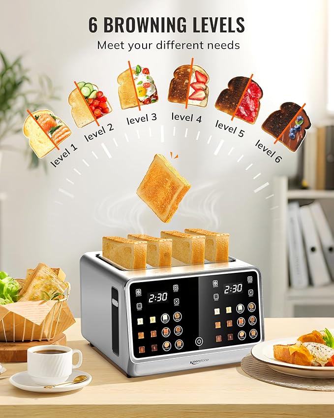 Keenstone Toaster 4 Slice Digital Smart Toaster with TouchScreen Dual Control Panel Single Slot Toasting Timer Reheat &amp Defrost for Bagels Bread Waffles Stainless Steel Kitchen Essentials