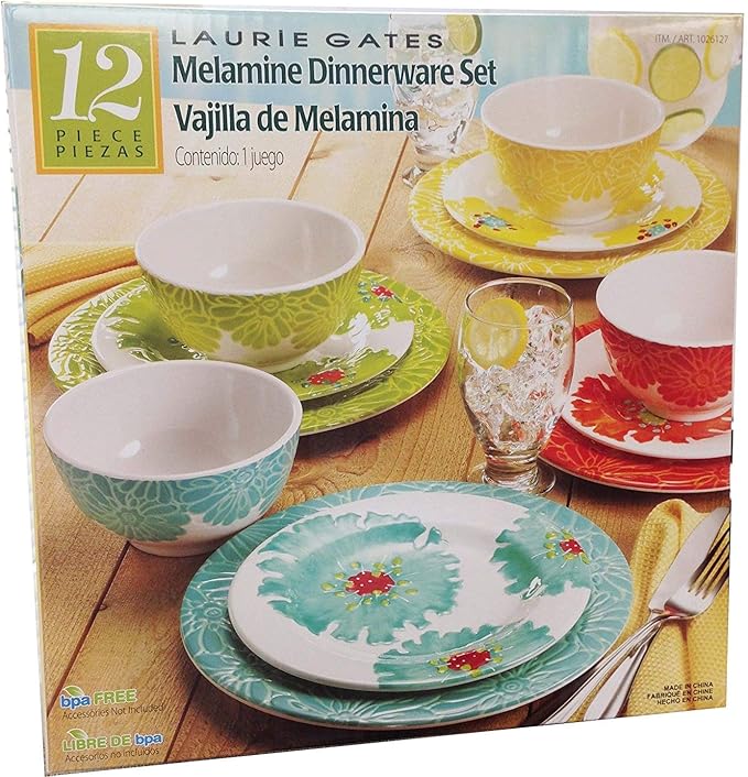 Laurie Gates - 12 Piece Melamine Dinnerware Set (Red Yellow Green Blue)