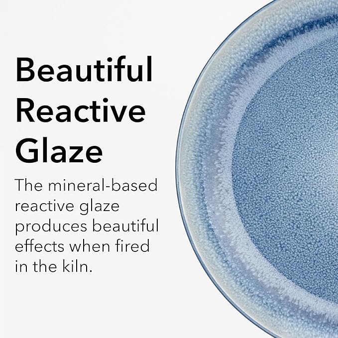FAIT Round Stoneware 16pc Double Bowl Dinnerware Set for 4 Dinner Plates Side Plates Cereal Bowls Pasta Bowls - Reactive Glaze Blue (449322)