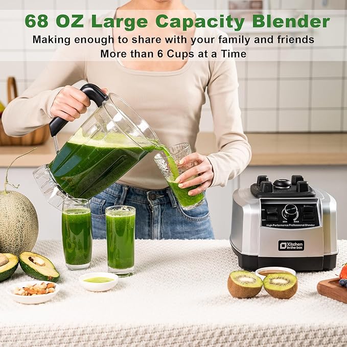 Powerful Blender for Kitchen 1500W 68 Oz Large Capacity Countertop Blender for Smoothie with Stainless Steel Blades BPA Free Frozen Drinks Ice Crush Protein Shakes (Silver)