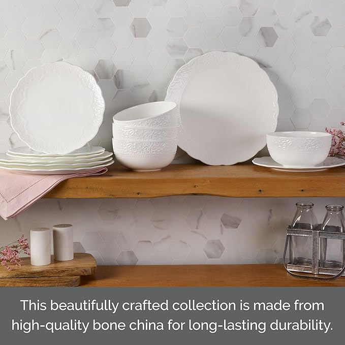 Mikasa Abigail Bone China Lightweight Chip Resistant 12 Piece Dinnerware Set Service for 4 White