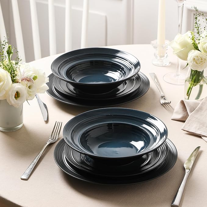 Earth &amp Clay Celeste 24-Piece Dinnerware Set Stoneware Plates and Bowls Set Includes Dinner and Salad Plates Cereal Bowls Dishwasher and Microwave Safe Dishes for 8 Blue
