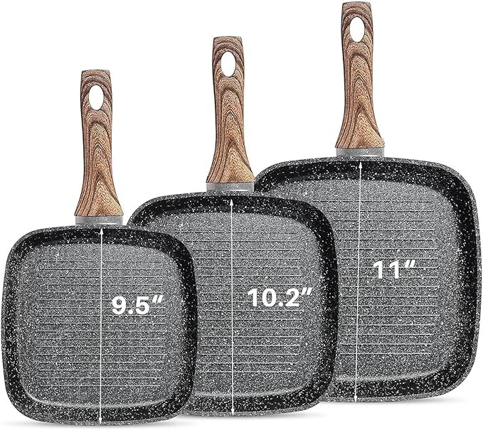 DUMOS 3 Pcs Grill Pans Set Nonstick Square Frying Pan Skillet Set with Stay Cool Handle &amp PFOA Free Compatible with All Stovetops (9.5 10 11) Light Black