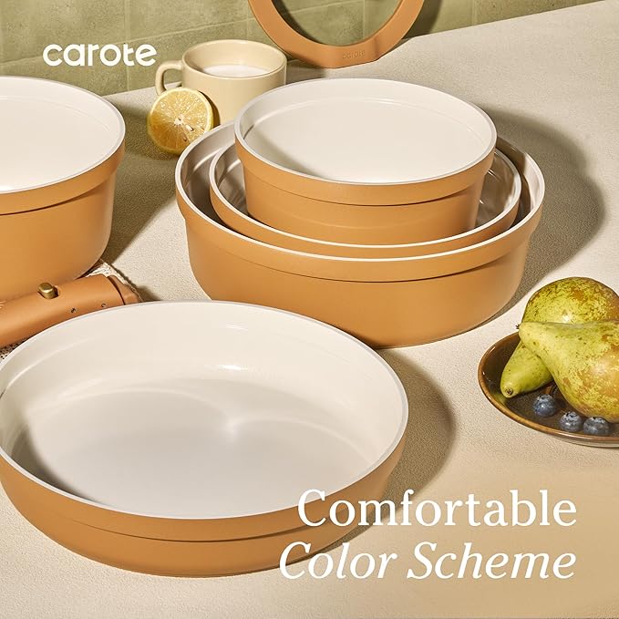 Carote 20pcs Ceramic Cookware Set with Detachable Handles Pots and Pans Set Non Stick RV Kitchen Cooking Pot and Pan Dishwasher Safe Non-toxic Induction Cookware PFAS and PFOA FreeOrange