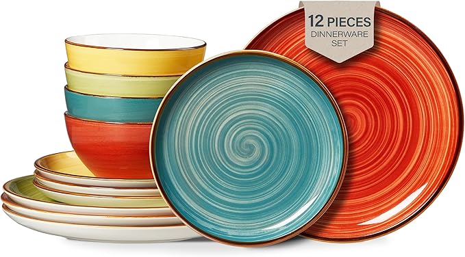 ONEMORE Plates and Bowls Set 12 PcsStoneware Dinnerware Sets for 4 MicrowavableOven &amp Dishwasher Safe PorcelainScratch Resistant Dishes Set