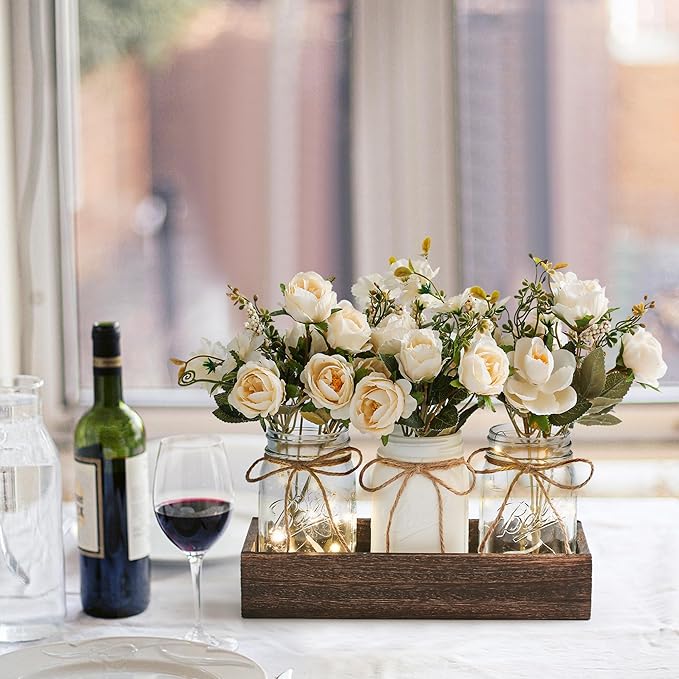 3 Pcs Mason Jar Centerpiece Table Decorations for Dining Table Decor Farmhouse Coffee Table Decor with Wood Tray and Led Light Table Centerpieces for Dining room Kitchen Living BathroomWhite