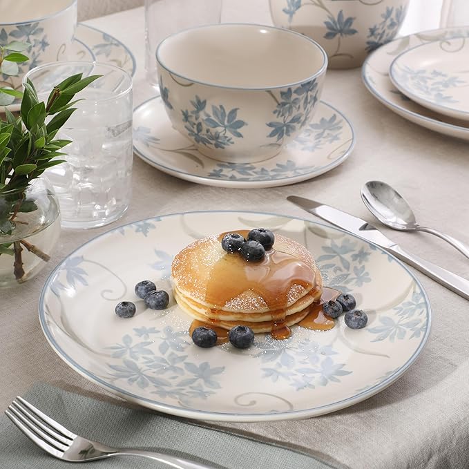 Gibson Home Admiral Hall 12-Piece Matte Stoneware Dinnerware Set – Dinner Plates Salad Plates &amp Bowls with Blue Floral Pattern Durable Everyday Dish Set Microwave &amp Dishwasher Safe