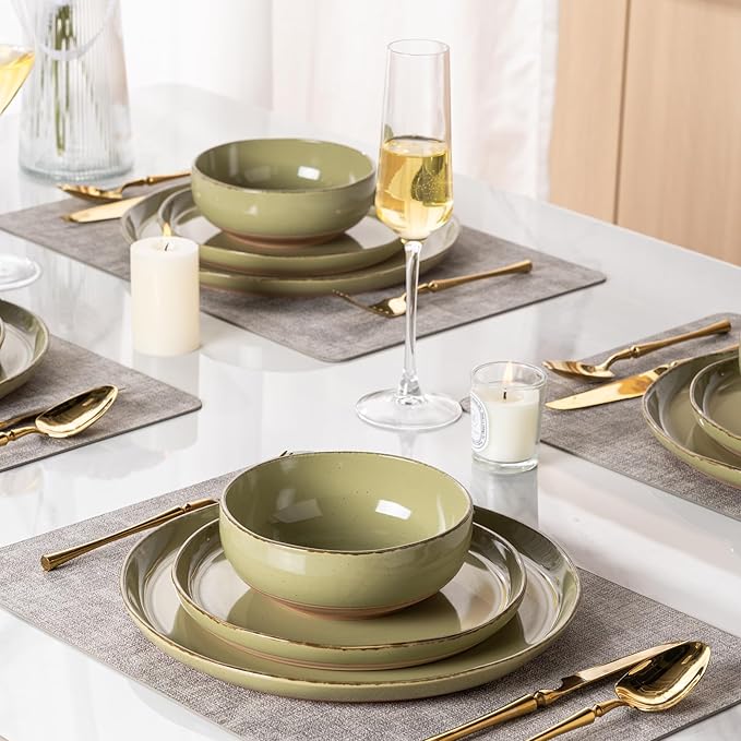 AmorArc Ceramic Dinnerware Sets for 4 12 Pieces Handpainted Plates and Bowls Set with Rustic Terracotta Underside Scratch Resistant Stoneware Dishes Set Dishwasher &amp Microwave Safe Olive Green