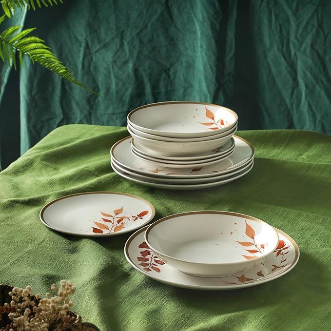 Stone Lain Maple 12-Piece Dinnerware Set Porcelain Plates and Bowls Set Dishwasher and Microwave Safe Dish Set for 4 White