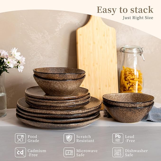 12PCS Stoneware Dinnerware Sets Plates and Bowls Dish Set for 4 Irregular Vintage Handmade Dinner Ware Dishware for Kitchen Dinning Microwave &amp Dishwasher Safe Brown
