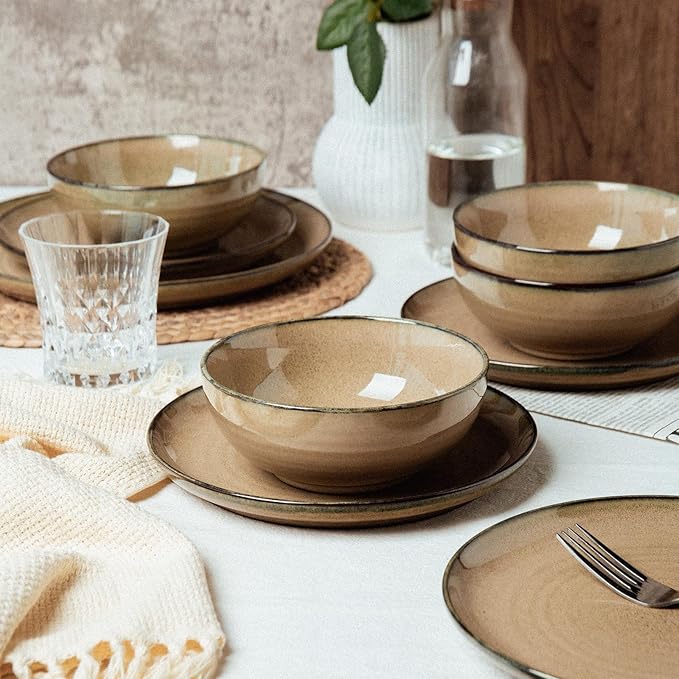 Ceramic Dinnerware 12 Pieces Dinnerware Sets Cereal Bowls Reactive Change Glaze Dish Sets Modern Stoneware Dishe