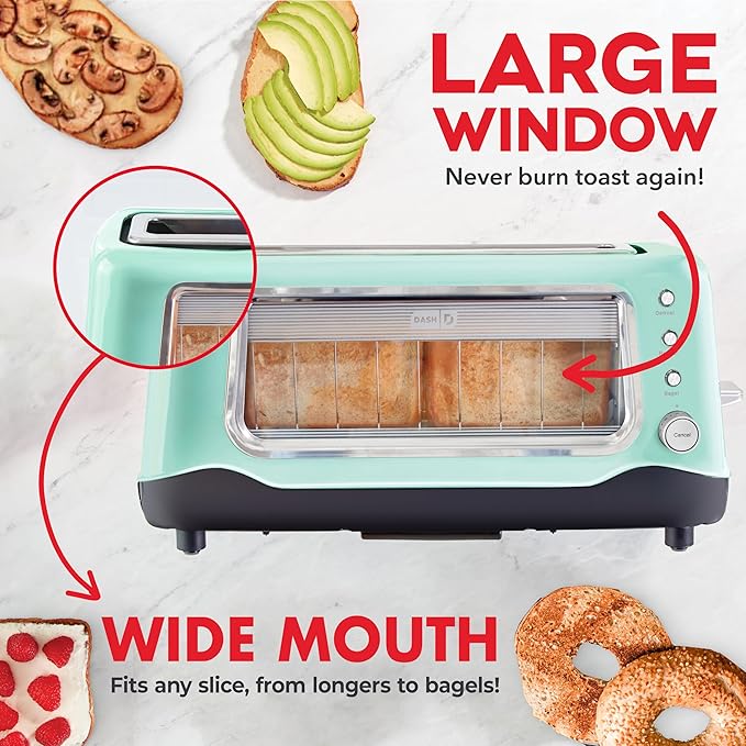 Dash Clear View Toaster - Features Large Window &amp Extra-Wide Slots - Auto-Shut Off Feature - Bagel Functions &amp Seven-Browning Levels - 1-Touch Defrost - Aqua