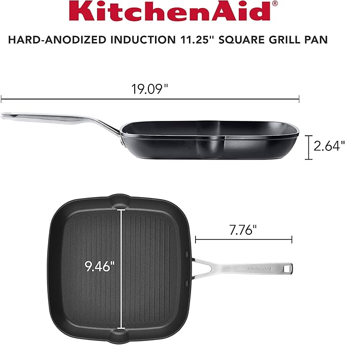 KitchenAid Hard Anodized Induction Nonstick Square Grill Pan/Griddle with Pouring Spouts 11.25 Inch Matte Black