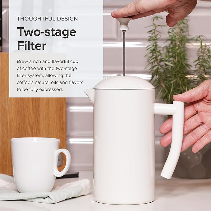 Frieling Double-Walled French Press Coffee Maker - Stainless Steel Coffee Maker with Reusable Filter (34 Fl Oz White)
