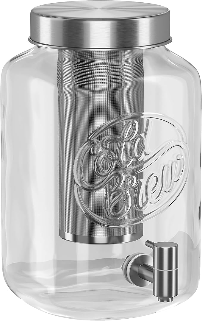 Kook 1 Gallon Mason Jar Drink Dispenser Thick Glass Carafe Stainless Steel Spigot and Mesh Filter Premium Iced Coffee Maker Cold Brew Pitcher &amp Tea Infuser