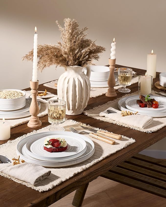 Plates and Bowls Sets for 6 (18-Piece) Stoneware Reactive Glaze Dinnerware with Speckles &amp Spirals Chip and Scratch Resistant Straight Dishes Set with Gift Box Microwave Dishwasher Safe White