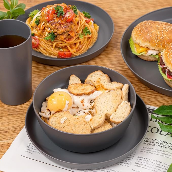 EI 24pcs Wheat Straw Dinnerware SetDark Grey Plates and Bowls SetsUnbreakable Dinner PlatesReuasble Plastic PlateMicrowave Dishwasher Safe for CampingPicnincFamily Dinner