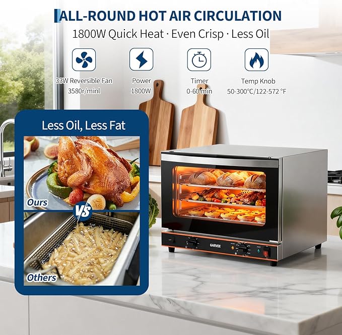 Garvee Commercial Convection Oven Countertop 46L/42Qt 1800W Toaster 3-Tier Electric Oven w/Front Glass Door Trays Wire Racks Clip Gloves 120V