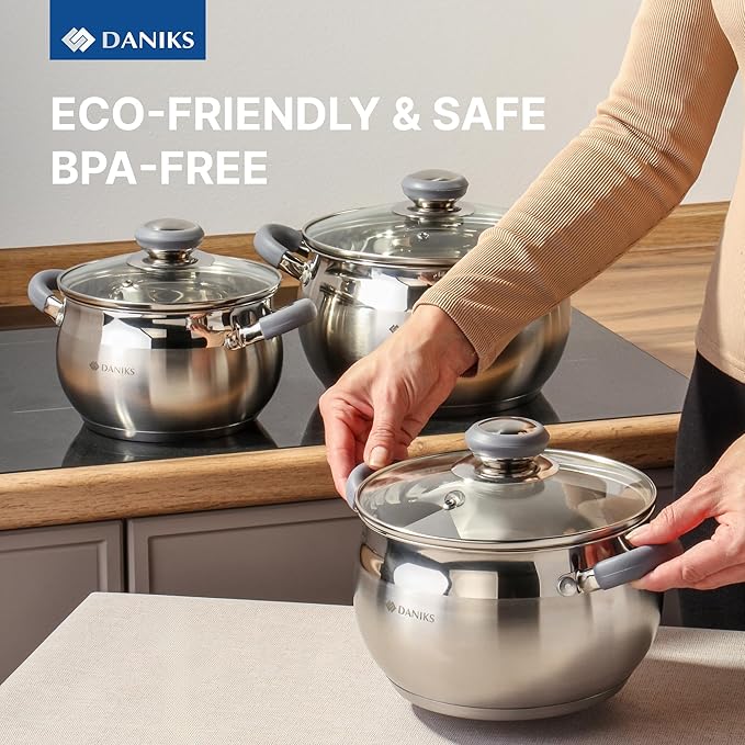 Daniks Modern 6-Piece Stainless Steel Cookware Set with Glass Lids Tri-Ply Bases for Even Heating Induction Compatible Dishwasher Safe Heatproof Handles
