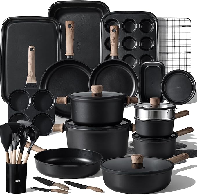 CAROTE 44pcs Nonstick Kitchen Titanium Cookware Sets Nonstick Pots and Pans Induction Cookware Set Kitchen Cooking Sets Non Stick w/Frying PanBlack