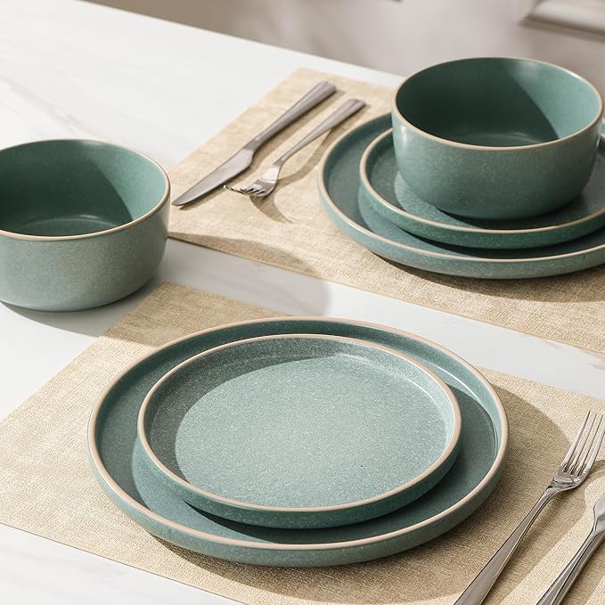 Earth &amp Clay Amber 24-Piece Dinnerware Set Stoneware Dishwasher and Microwave Safe Plates and Bowls Set Dish Set for 8 Green