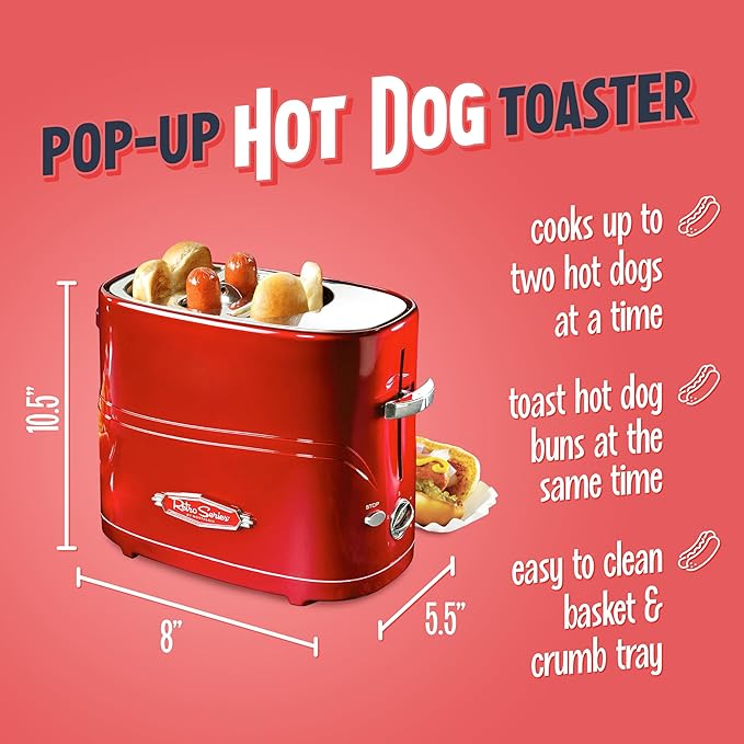 Nostalgia HDT600RETRORED Retro Pop-Up 2 Hot Dog and Bun Toaster With Mini Tongs Works With Chicken Dogs Turkey Dogs Veggie Links Sausages and Brats