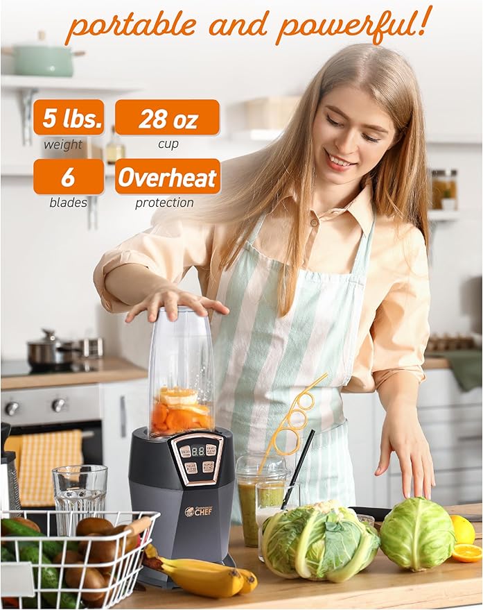 COMMERCIAL CHEF Personal Blender With 3 Modes for Smoothies Shakes &amp More - 1000W With 6 Stainless Steel Blades and LED Display