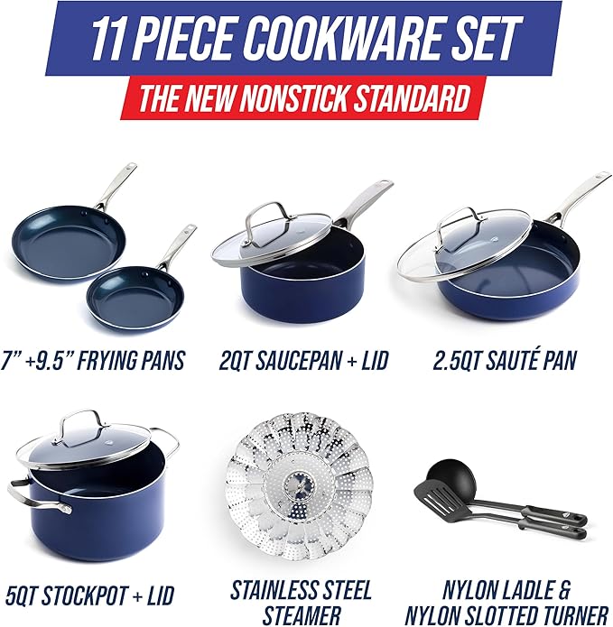 Blue Diamond 11 Piece Cookware Set Diamond Infused PFAS &amp PFOA-Free Ceramic Nonstick Pots and Pans Durable Nontoxic Metal Utensil Safe &amp Scratch Resistant Dishwasher &amp Oven Safe Blue