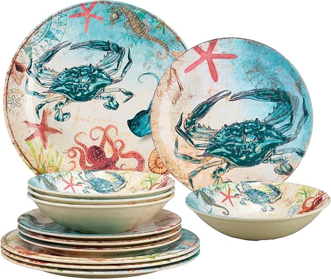 UPware 12 Piece Crab Melamine Dinnerware Sets Outdoor Dishes Set Plates and Bowls Sets Service for 4 Multicolor