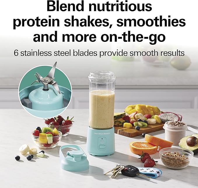 Hamilton Beach Mini Cordless Portable Personal Blender for Shakes and Smoothies USB Rechargeable 16 oz. Jar with Leakproof Travel Lid 6 Stainless Steel Blades Blue (51182)