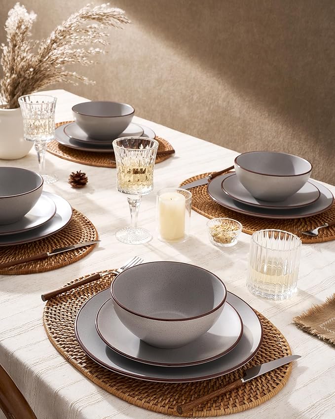 Famiware Venus Speckled Dinnerware Set 24-Piece Stoneware Dishes for 6 Matte Light Gray - Includes Pasta Bowls &amp Dinner Plates for Everyday Meals or Formal Dining Microwave &amp Dishwasher Saf