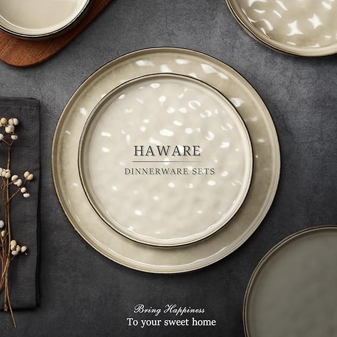 HaWare Dinnerware Sets 6-Piece Plates and Bowls Set Stoneware Dish Set for 2 Ceramic Dinnerware for Home Restaurant Chip and Scratch Resistant Microwave and Dishwasher Safe Saturn Khaki