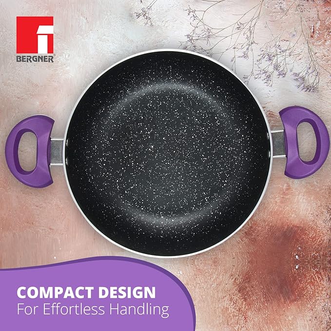 Bergner Albarino Non-Stick 4 Pcs Cookware Set - 24cm (2.5 L) Kadai with Glass Lid 24cm Frypan and 28cm Tawa Bakelite Handle Minimal Oil Use - Induction Bottom Diwali/Anniversary Gifting (Purple)