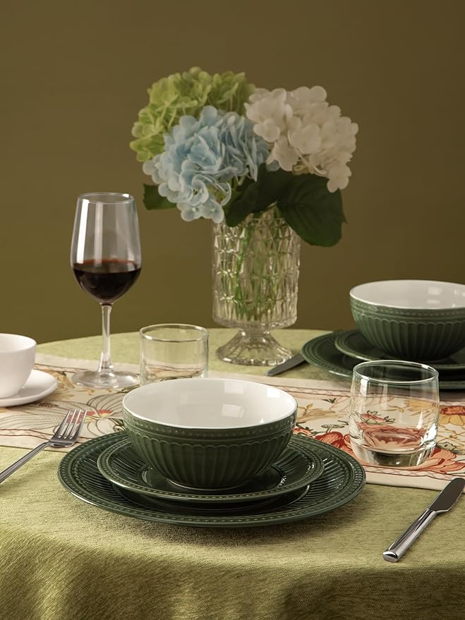 famiware 16 Pieces Plates and Bowls Dinnerware Sets for 4 Multicolor &amp Green