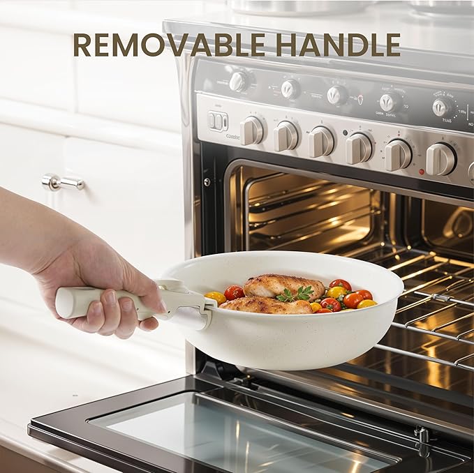 YSSOA 12Pcs Pots and Pans Set Nonstick Cookware Sets White Granite Induction Cookware with Detachable Handle Oven Safe PFAS and PFOA Free Beige