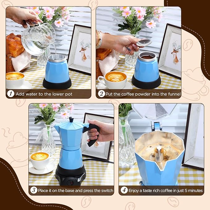 Coffee Pot 6 Cup Electric Espresso Coffee Maker Italian Moka Maker 300ml Portable Aluminum Espresso Machine Cafetera Moka Pot with Detachable Base Gift for Home Travel(Blue)