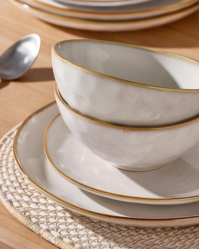 Famiware Ocean Round Plates and Bowls Set 18 Pieces Dinnerware Sets Dishes Set for 6 Reactive Glaze Microwave and Dishwasher Safe Scratch Resistant Cappuccino White
