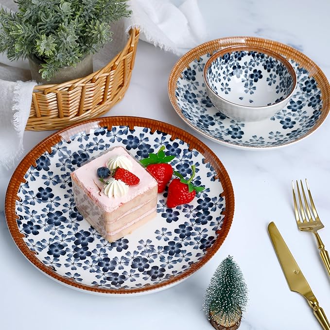 12-Piece Cherry Blossom Dinnerware Set Japanese Sakura Porcelain Plates &amp Bowls Service for 4 Microwave and Dishwasher Safe