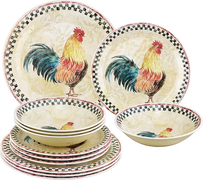 UPware 12 Piece Country Rooster Melamine Dinnerware Sets Outdoor Dishes Set Plates and Bowls Sets Service for 4 Multicolor