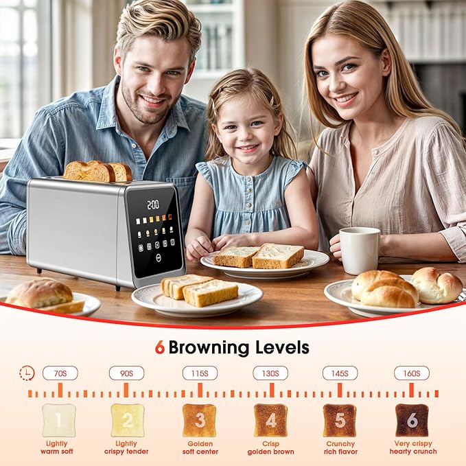 Toaster 2 Slice with Touchscreen 1.5 Wide Slots &amp Memory Recall | 900W Stainless Steel Smart Digital Toasters | 6 Shade Settings for Bagels &amp Thick Bread | Defrost Reheat Single-Slice Mode