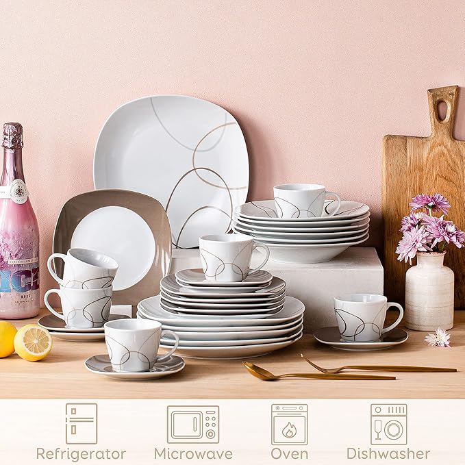 VEWEET 'Nikita' 30-Piece Dinner Set Ivory White Brown Lines Porcelain China Ceramic Combination Sets of Dessert Plates/Soup Plates/Dinner Plates/Cups/Saucers Service for 6