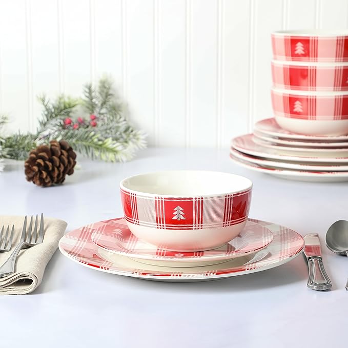 Martha Stewart Christmas Plates 12 Piece Decorated Red and White Stoneware Dinnerware Set