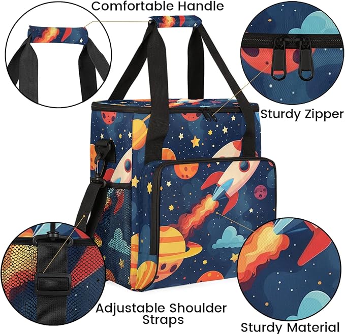Space Cartoon Planet Travel Coffee Maker Carrying Bag Large Organizer Storage Tote Bag Insulated Reusable Cooler Grocery Bags